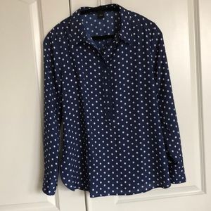 ANN TAYLOR navy w white polka dot blouse